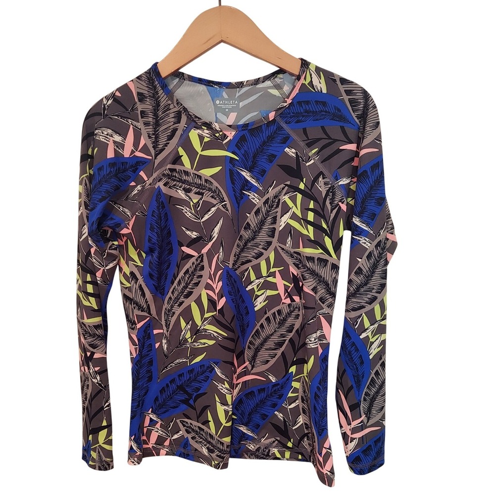 Athleta Pacifica Sun Protection Long Sleeve Tropical Print Swim Top Grey Blue M